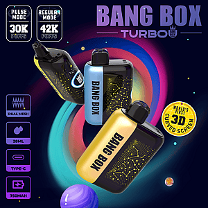 Three Bang Box Turbo vape pods in blue, black, and yellow with circuit patterns against a neon space backdrop, featuring a 3D curved-screen badge.