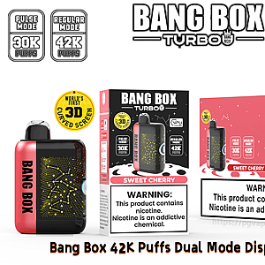 Bang Box Turbo Sweet Cherry disposable vape in pink/black packaging, dual-mode (Pulse/Regular), up to 42K puffs.