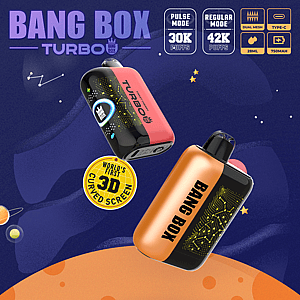 Two Bang Box Turbo vape devices float in a space scene, pink and orange panels with circuit patterns and a yellow 3D curved-screen sticker.