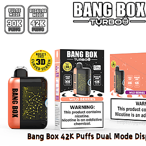 Bang Box Turbo disposable vape with orange device beside black and pink Wild Berries packaging, showing 30K and 42K puff modes.