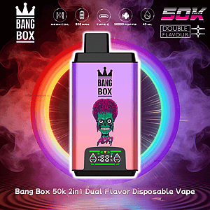 Pink-to-purple Bang Box disposable vape with crown logo and green zombie face, neon ring backdrop, 50k 2in1 Dual Flavor.