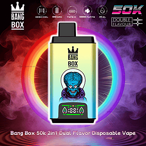 Bang Box 50k 2in1 dual flavor disposable vape with a gradient body, crown logo, and a blue brain graphic.