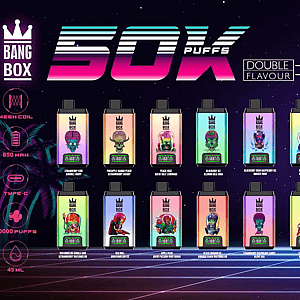 Neon retro Bang Box ad with a row of colorful vape pods, bold 50K Puffs text, and two towering gradient devices on the right.
