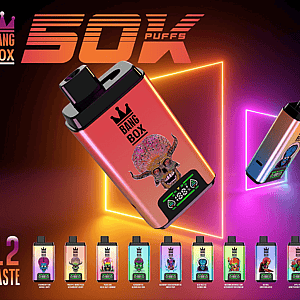Bang Box 50X Puffs poster showing two colorful vape devices with neon geometric lights and 12 flavor bottles along the bottom
