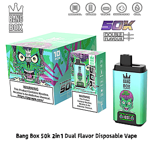 Bang Box 50k dual-flavor disposable vape kit: turquoise gradient device with a monster-face illustration and colorful boxed packaging.