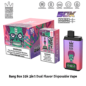 Bang Box 50k 2in1 dual-flavor disposable vape with pink-purple gradient, colorful packaging and crown logo.