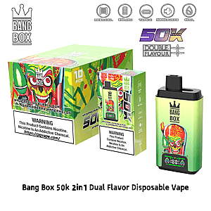 Bang Box 50k 2in1 dual flavor disposable vape with green skull artwork and watermelon-strawberry packaging.