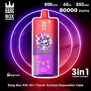 Bang Box 80K 3in1 disposable vape with skull graphic and Strawberry Vanilla Coke flavor, gradient red to purple.