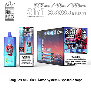 Bang Box 80K 3in1 disposable vape kit with 80K puffs 60ml and 850mAh featuring adjustable flavors and a blue skull design.