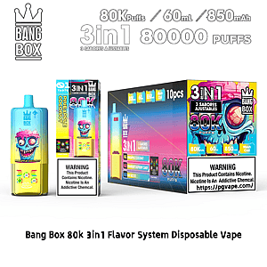 Bang Box 3in1 disposable vape kit with blue pineapple coconut bottle and colorful boxed flavors, 80K puffs, 60ml, 850mAh.
