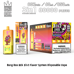 Bang Box 3-in-1 disposable vape kit with 80K puffs, 60 mL, 850 mAh; lemon-lime bottle and vibrant packaging.