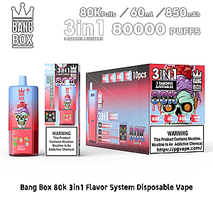 Bang Box 80K 3in1 flavor system disposable vape with 80,000 puffs, 60 ml, 850 mAh; skull artwork and three flavors.