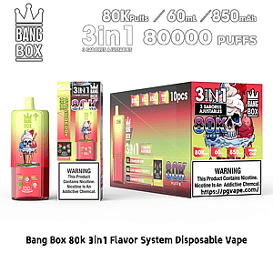 Bang Box 80K puffs 3in1 disposable vape set with colorful gradient boxes and lime-green device.