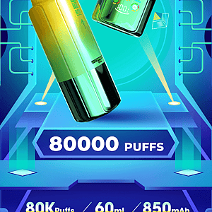 Bright blue futuristic ad for Bang Box 3in1 disposable vapes, featuring two green-yellow bottles (one with skull art, lemon cola flavor) and 80000 puffs