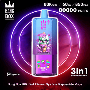 Bang Box 3in1 disposable vape with blue purple gradient, skull artwork and Double Grape flavor, neon ring backdrop.