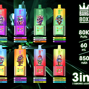 Row of Bang Box disposable vapes in gradient colors with flavor labels; right side shows 80K puffs, 60 mL, 850 mAh, 3in1.