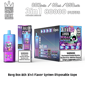 Bang Box 80K 3in1 flavor system disposable vape with a purple gradient device featuring skull artwork and matching packaging.