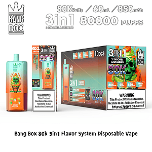 Bang Box 3-in-1 disposable vape with 80K puffs, 60 ml and 850 mAh battery, shown with colorful packaging.