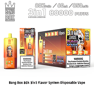 Bang Box 3in1 flavor-system disposable vape with 80K puffs, 60 ml, 850 mAh and three adjustable flavors.