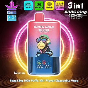 Neon Bang King disposable vape with a cartoon monkey on the pink-to-blue label, 100K puffs, 3in1 flavor, glowing background.