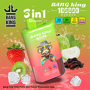 Gradient green-to-pink Bang King 3-in-1 disposable vape with 100k puffs, surrounded by fruit slices, ice cubes, and bubbles.