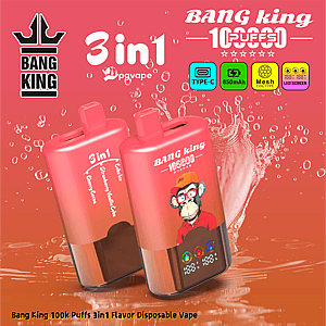 Two pink Bang King 3in1 disposable vape devices with a cartoon monkey graphic on the front, set against a pink splash background.