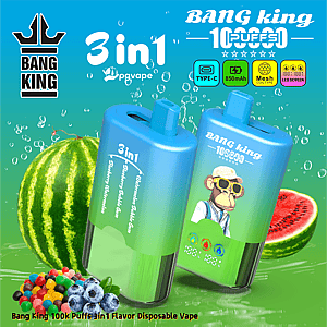 Two blue Bang King 3in1 disposable vape pens with gradient bases, featuring a monkey in sunglasses, set against a watermelon and berry background.