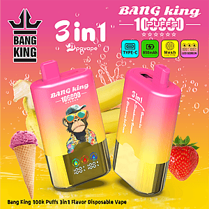 Two pink gradient Bang King 3in1 disposable vape devices with a monkey mascot, fruit background and brand logos.