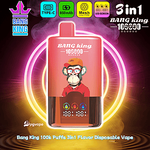 Pink Bang King 3in1 flavor disposable vape with a cartoon monkey on the label and neon glow rings behind it.