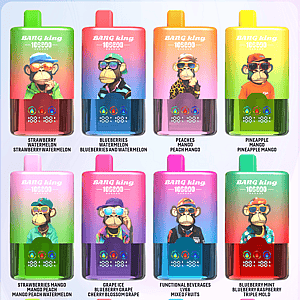 Four-by-four grid of Bang King vape bottles with colorful gradients and monkey sunglasses; each shows flavor pairings.