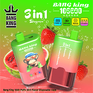 Bang King 3in1 disposable vape with a cartoon monkey on a green gradient background, surrounded by strawberries and watermelon.