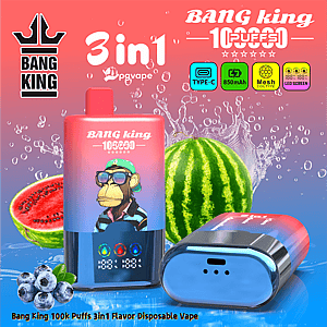 Bang King 3in1 disposable vape ad with a pink gradient bottle, cartoon monkey, fruit such as watermelon and blueberries.