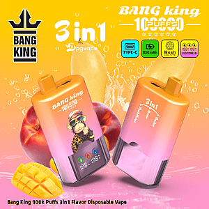 Two gradient orange-pink Bang King 3in1 disposable vapes with a monkey mascot, set against a bright yellow-pink fruity background.