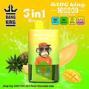 Lime-yellow Bang King 3in1 disposable vape bottle featuring a cartoon monkey in a red cap and sunglasses, with pineapple and mango imagery.