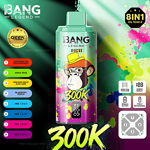 Bang Legend 8IN1 e-liquid bottle with a yellow-hatted cartoon monkey amid neon paint splashes and flavor labels.