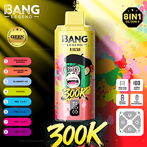 Colorful Bang Legend 8IN1 vape bottle with yellow cap, splash background, and 300K text; flavor list on left.