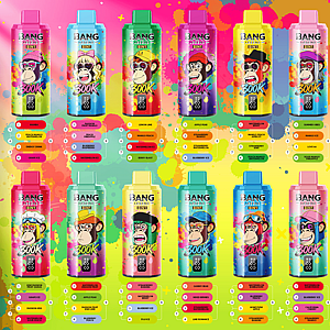 Assorted Bang Legend 8in1 energy drink cans with cartoon monkeys in bright colors, arranged in two rows on a neon background.
