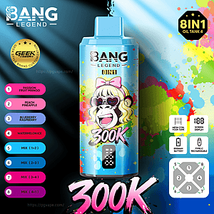 Blue Bang Legend 8IN1 vape bottle with a cartoon monkey in sunglasses and pink bow, colorful splat background.
