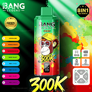 Green Bang Legend 8IN1 bottle with 300K label, neon background, paint splatters, and flavor list on the left.