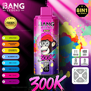 Bright pink Bang Legend 8-in-1 oil tank bottle with a cartoon monkey in a red beanie amid colorful paint splashes.