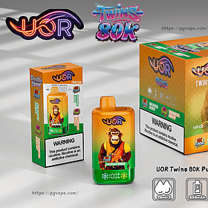 UOR Twins 80K disposable vape with orange soda flavor, featuring two monkeys on the orange box and bottle.