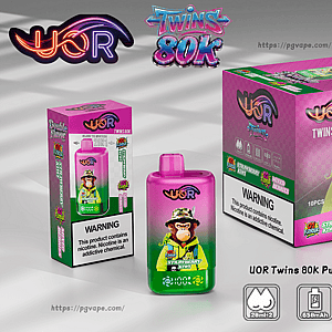 UOR Twins 80K Puffs 2in1 disposable vape with pink bottle and colorful box featuring monkeys