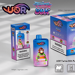 UOR Twins 80K disposable vape set: blue gradient bottle with a cartoon monkey in a hoodie beside a matching box featuring monkeys and Strawberry Watermelon flavor with a nicotine warning