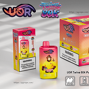 Bright pink and yellow UOR Twins 80K disposable vape box with monkey mascot, pink bottle, and Strawberry Banana flavor.