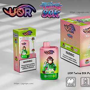 UOR Twins 80K disposable vape set with pink gradient bottle and pink box featuring cartoon monkeys and Watermelon Ice flavor.