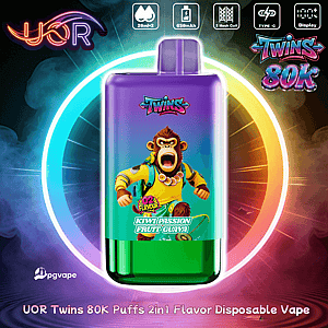 UOR Twins 80K disposable vape, purple and green, featuring a cartoon monkey; Kiwi Passion Fruit Guava flavor.
