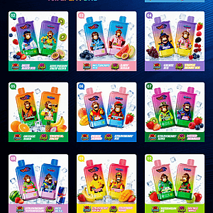 UJR Twins 80K Double Flavor promo showing ten flavor pairs, each with two juice pouches and fruit imagery on a blue gradient background.