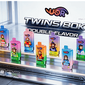 Colorful bottles with illustrated monkeys on a futuristic conveyor display promoting Twins 80K and Double Flavor.