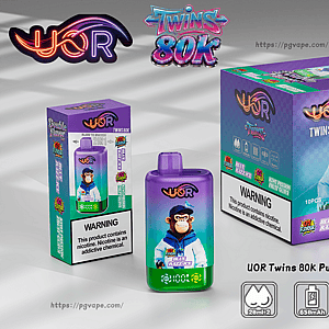 UOR Twins 80K Puffs 2in1 Flavor Disposable Vape with a purple bottle and a box featuring a cartoon monkey mascot.