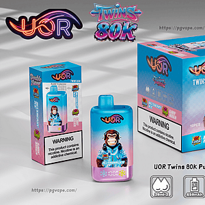 UOR Twins 80K Puffs 2in1 Flavor disposable vape with blue and pink packaging, monkey and gorilla mascots, Blueberry Ice